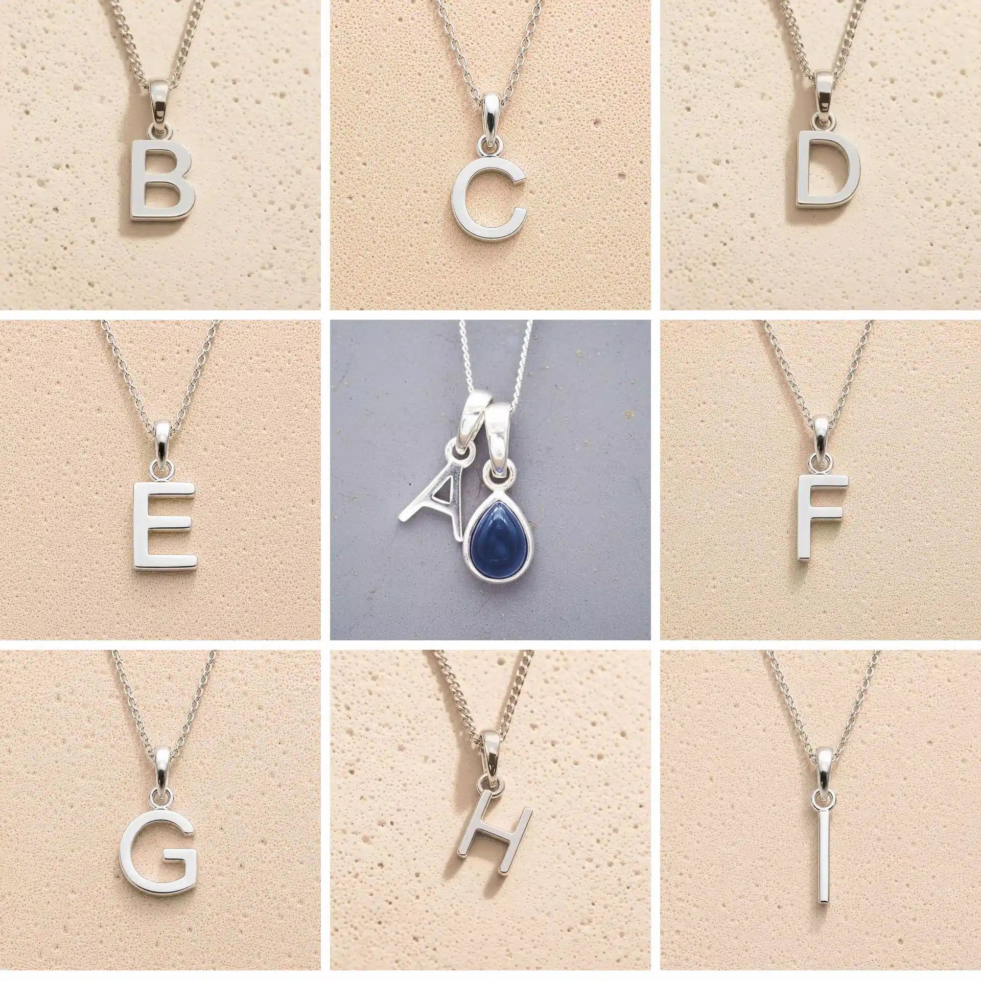 Collection of silver letter pendants A to I on beige backgrounds as initial options for September Birthstone Sapphire Necklace.