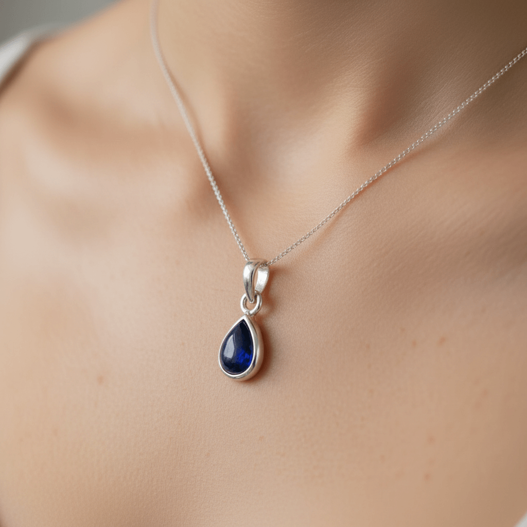 Sterling silver dainty necklace chain eith a teardrop-shaped blue sapphire gemstone necklace on a woman