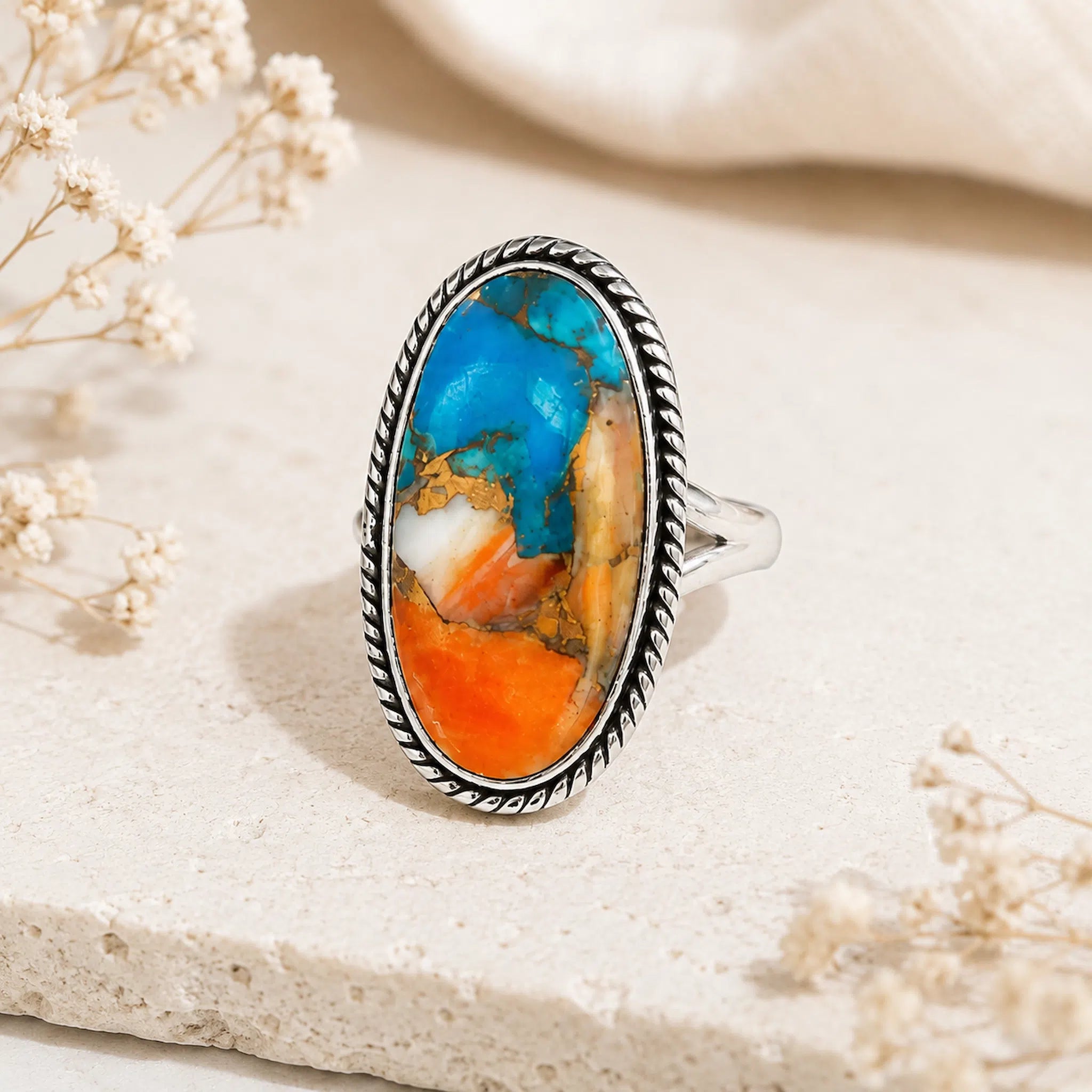 sterling silver large oval natural spiny oyster ring