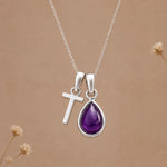 Sterling silver initial T necklace with a February amethyst pendant