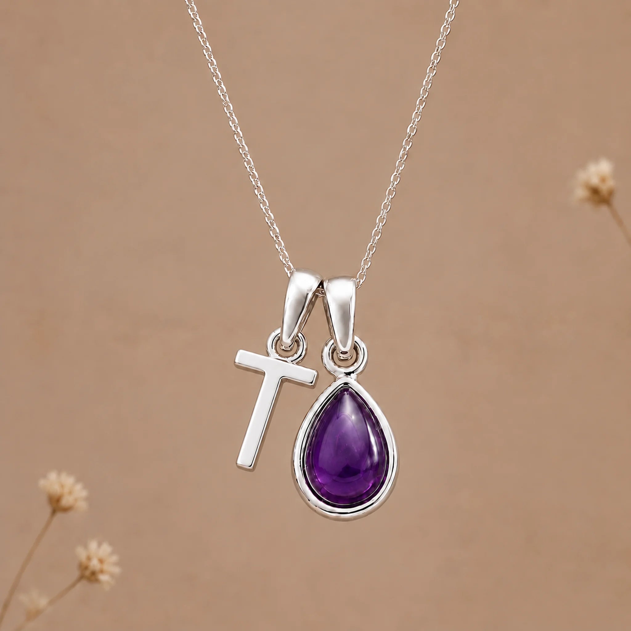 Sterling silver initial T necklace with a February amethyst pendant