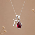 Sterling silver initial T necklace with a natural January garnet