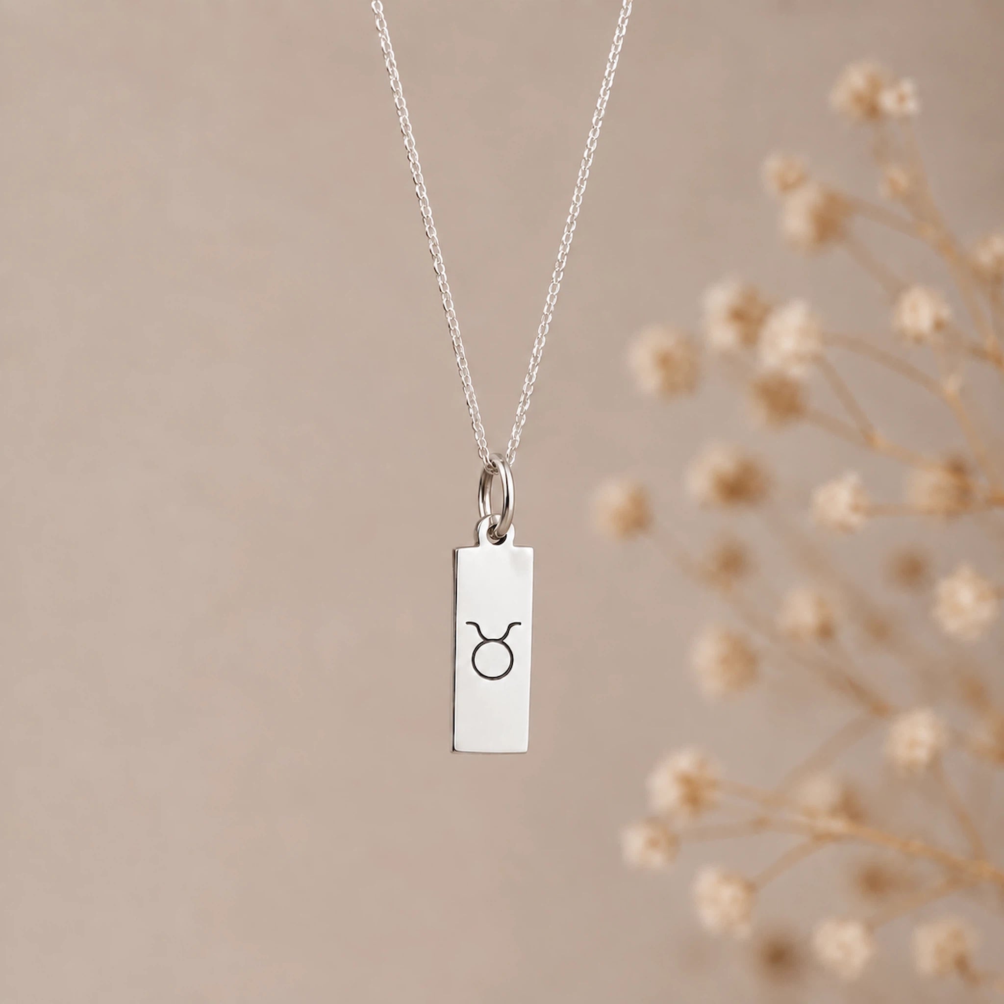 sterling silver taurus necklace with rectangle pendant engraved with taurus zodiac star sign line glyph