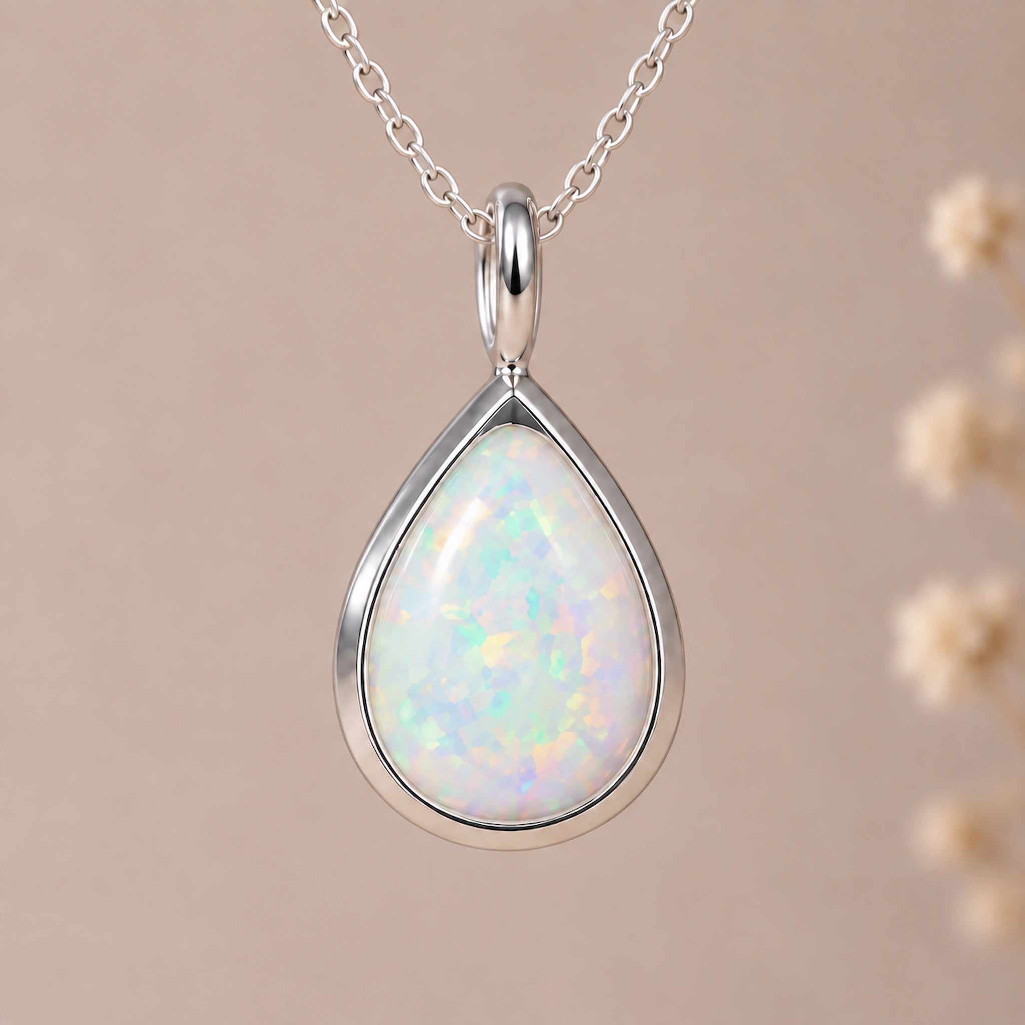 close up of a tear-drop white opal pendant bezel set in sterling silver and hanging from a silver chain