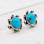 silver turquoise earrings featuring cabochon bezel-set natural turquoise gemstone studs