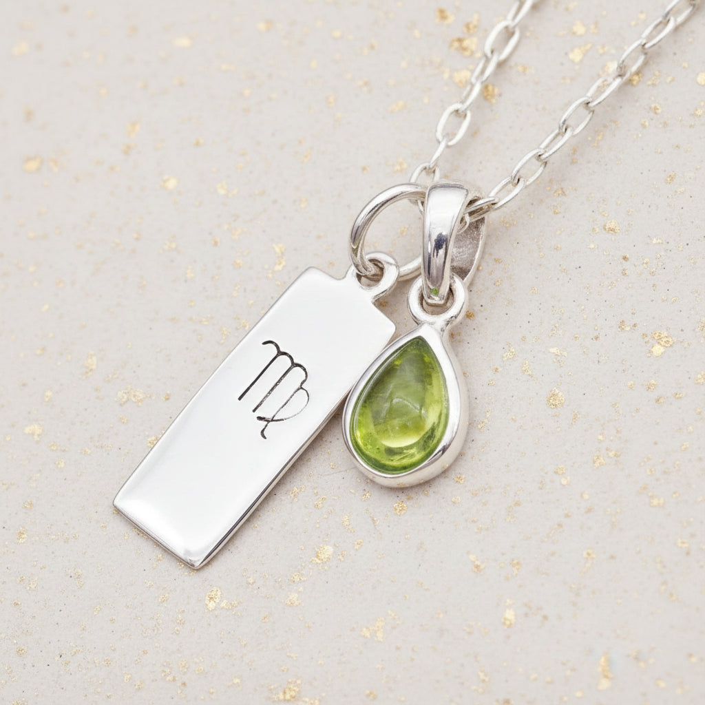 Sterling Silver necklace with a green natural peridot gemstone teardrop pendant and a silver Virgo Zodiac pendant 