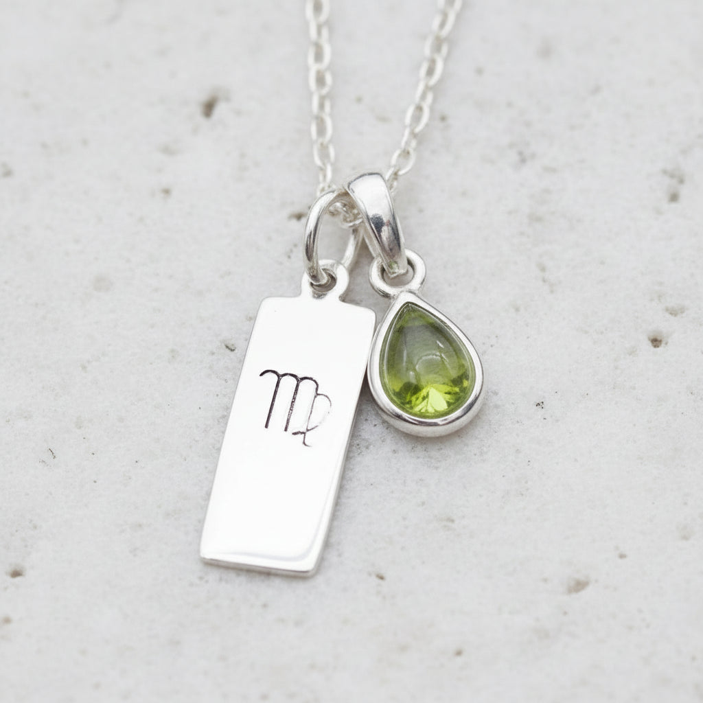 Sterling Silver Necklace with a Virgo Zodiac pendant and a green teardrop natural Peridot Gemstone pendant