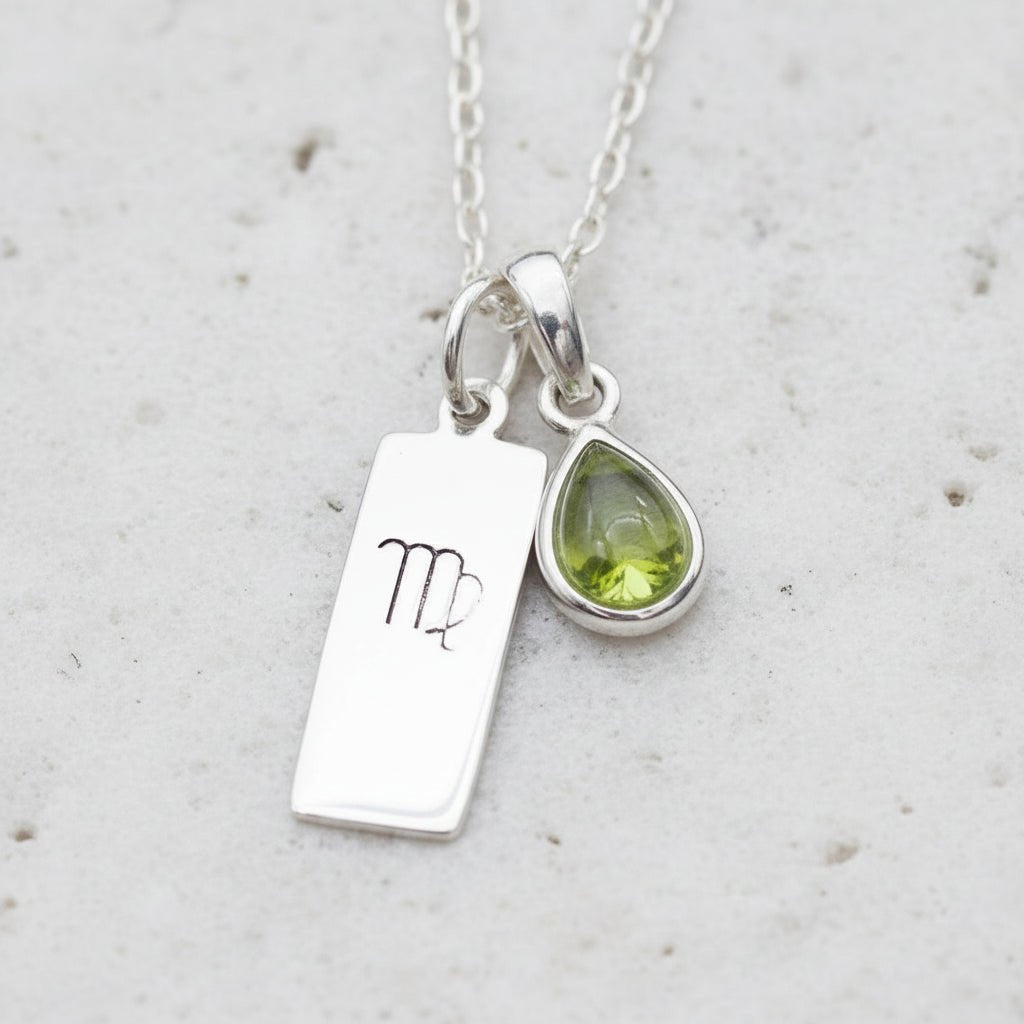 Sterling Silver Necklace with a Virgo Zodiac pendant and a green teardrop natural Peridot Gemstone pendant