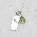 Sterling Silver Necklace with a Virgo Zodiac pendant and a green teardrop natural Peridot Gemstone pendant