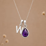 Sterling silver initial W necklace with a February amethyst pendant