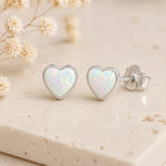 sterling silver stud earring with lab-grown white opal hearts