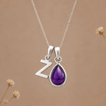 Sterling silver initial Z necklace with a February amethyst pendant