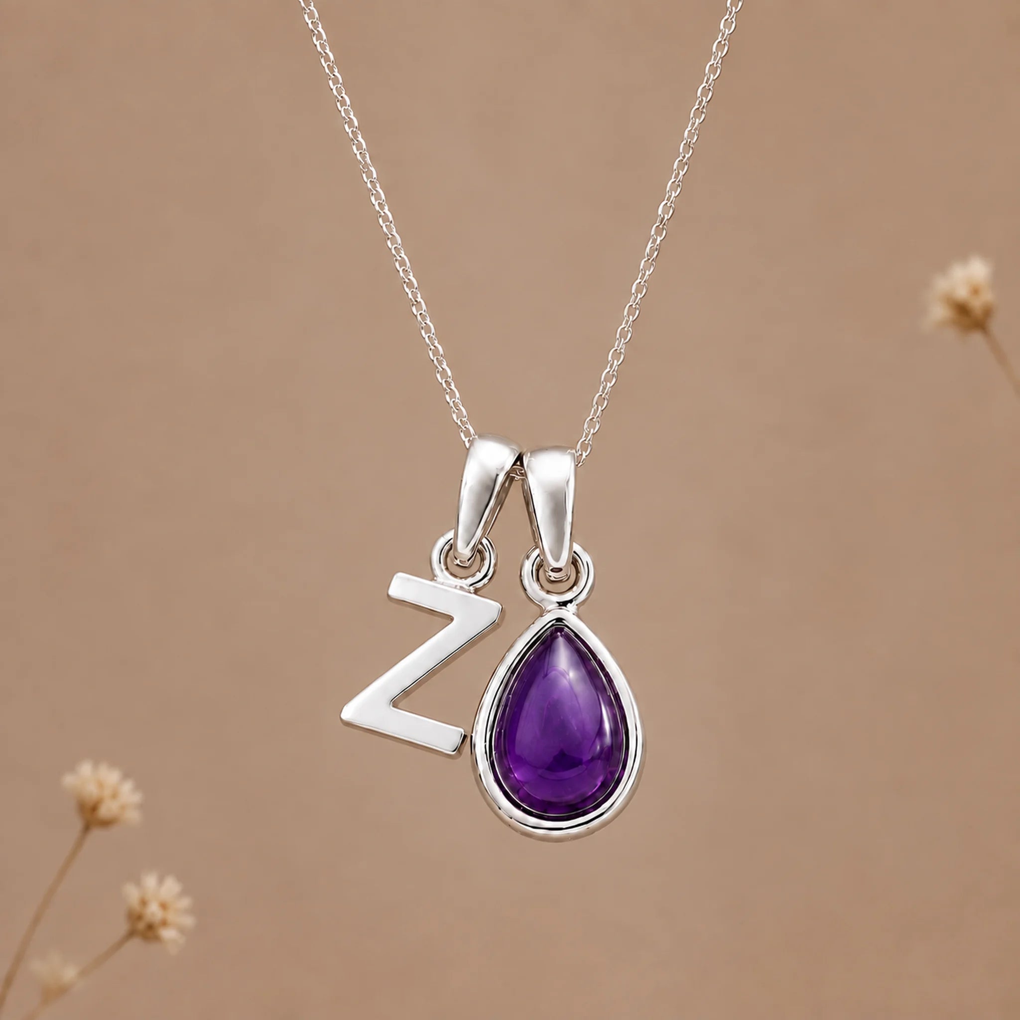 Sterling silver initial Z necklace with a February amethyst pendant