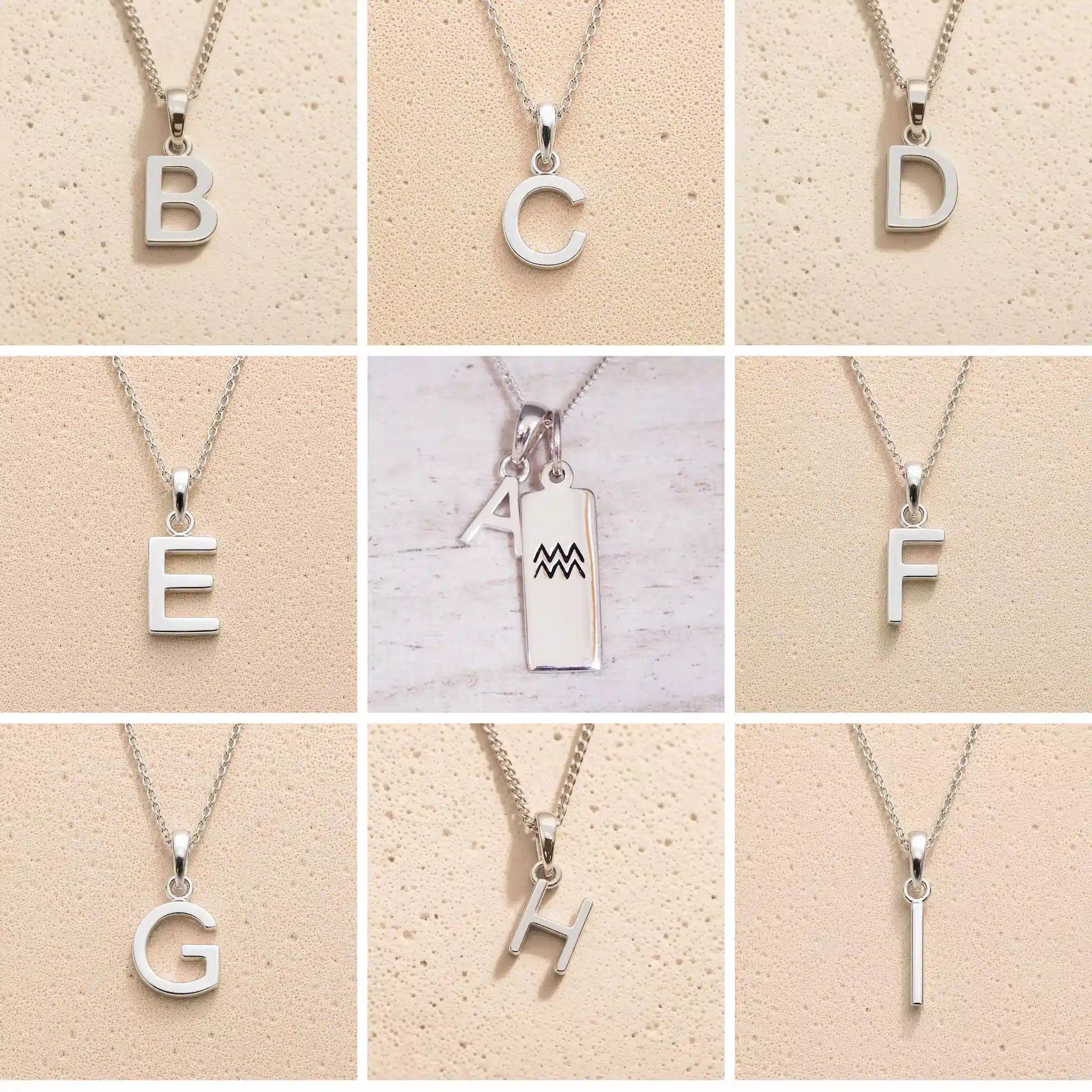 Silver Initial and Aquarius Zodiac Necklace