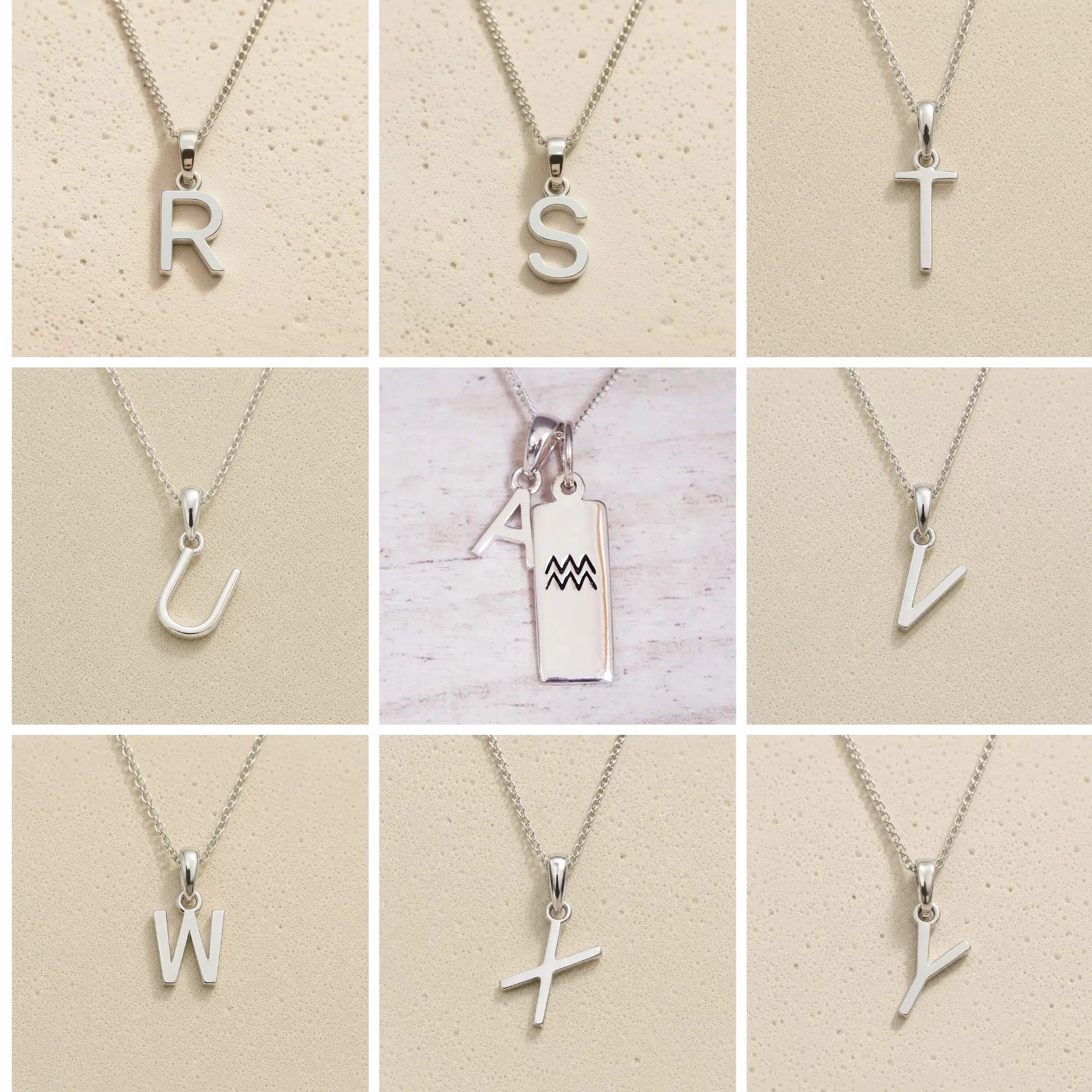 Silver Initial and Aquarius Zodiac Necklace