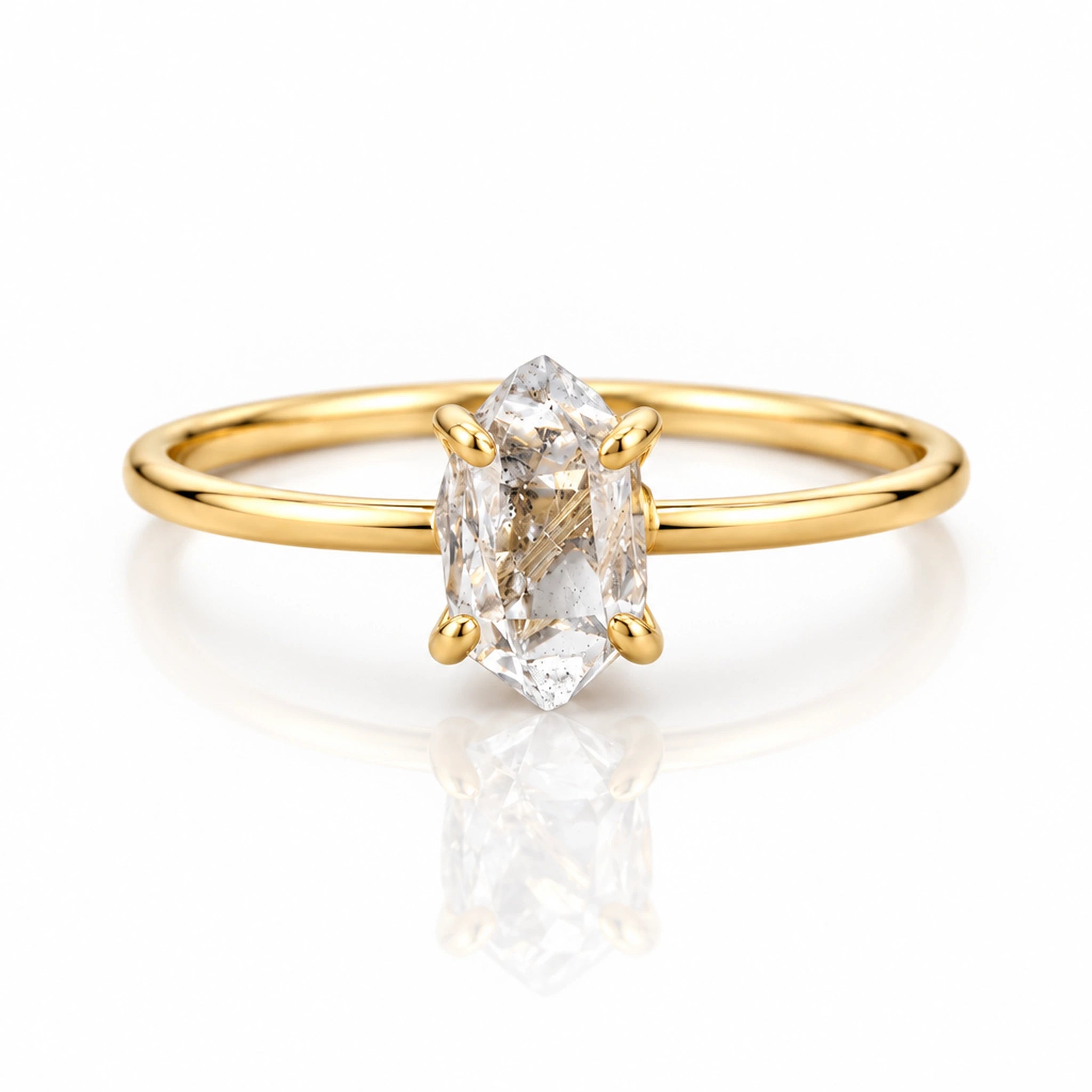 Solid 9k gold ring with a Herkimer quartz crystal