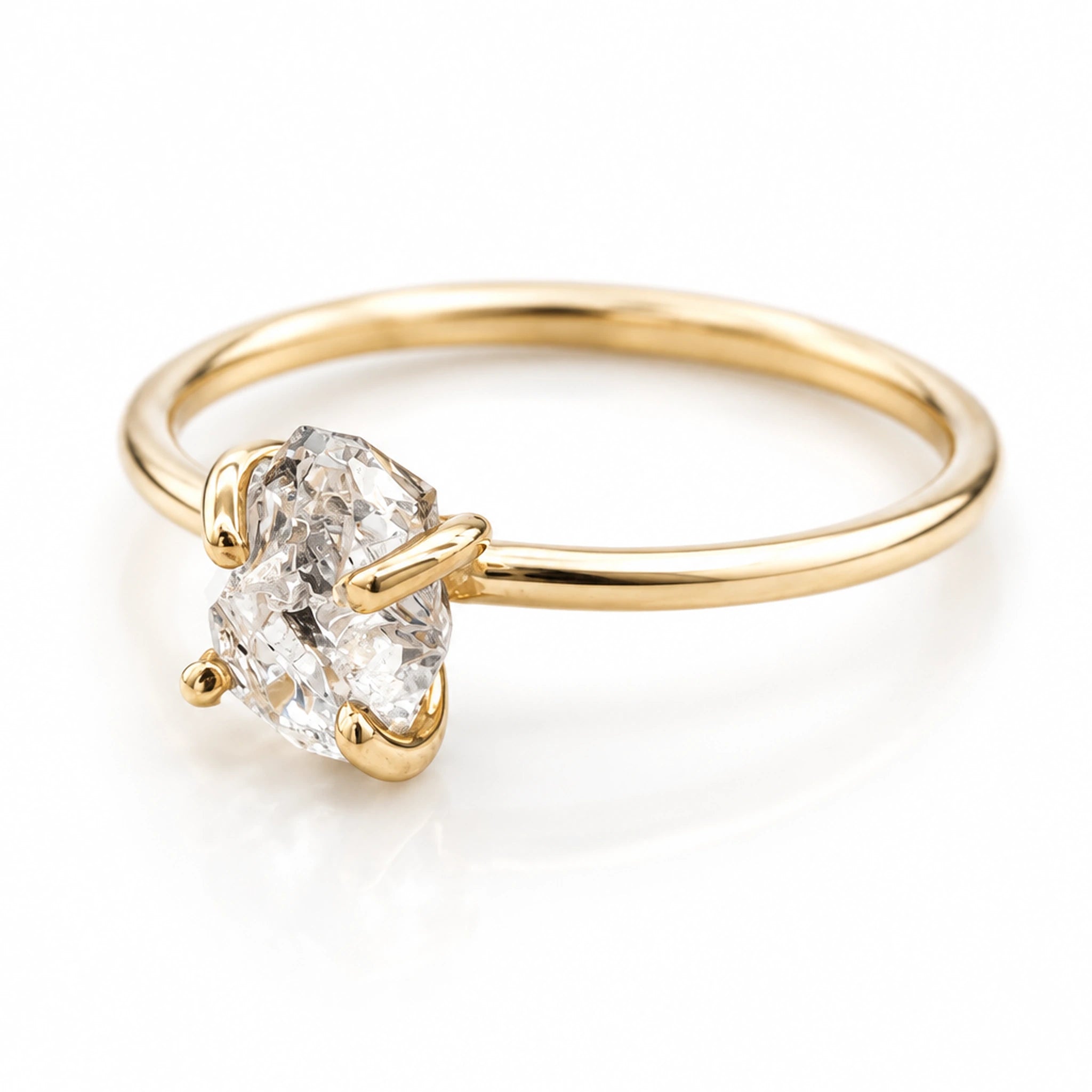 Solid 9k gold Herkimer quartz ring, close-up