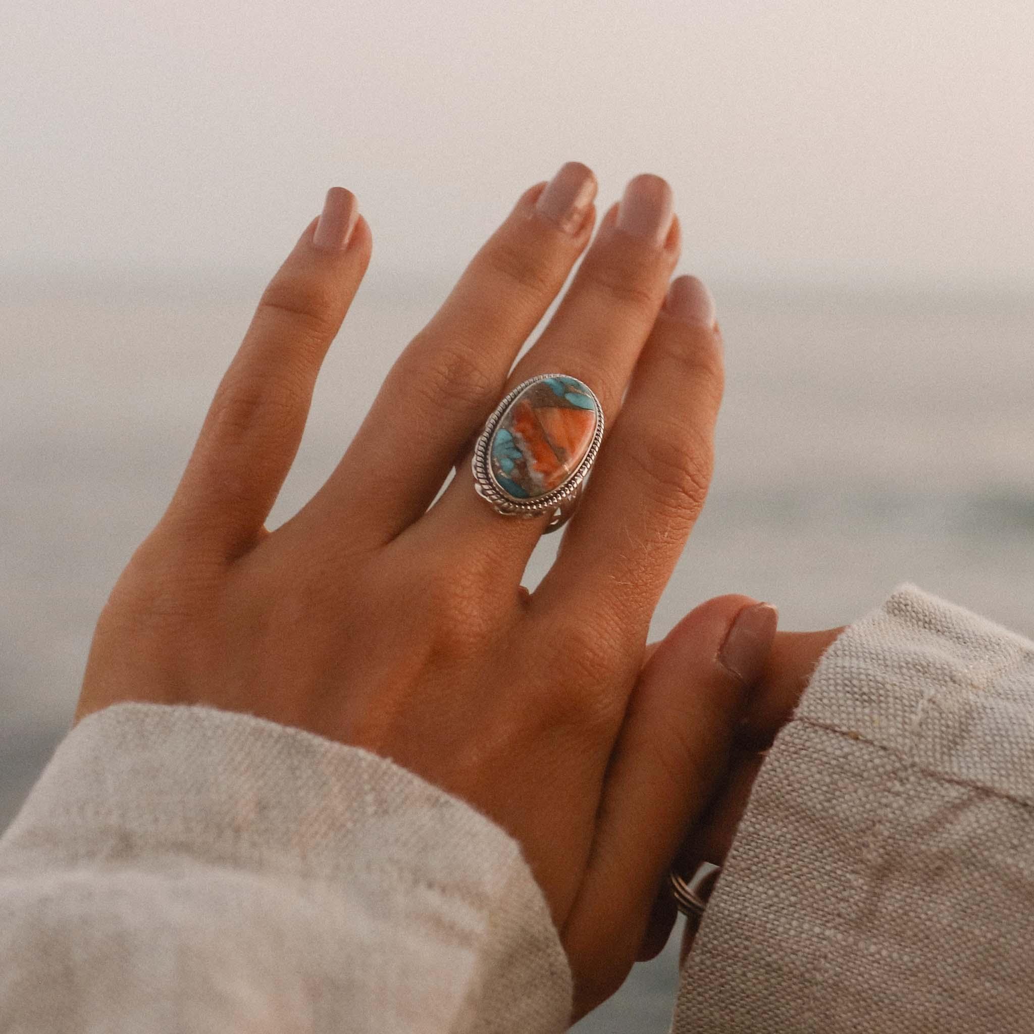 woman wearing Spiny Oyster Turquoise Ring by indie and Harper jewellery australia