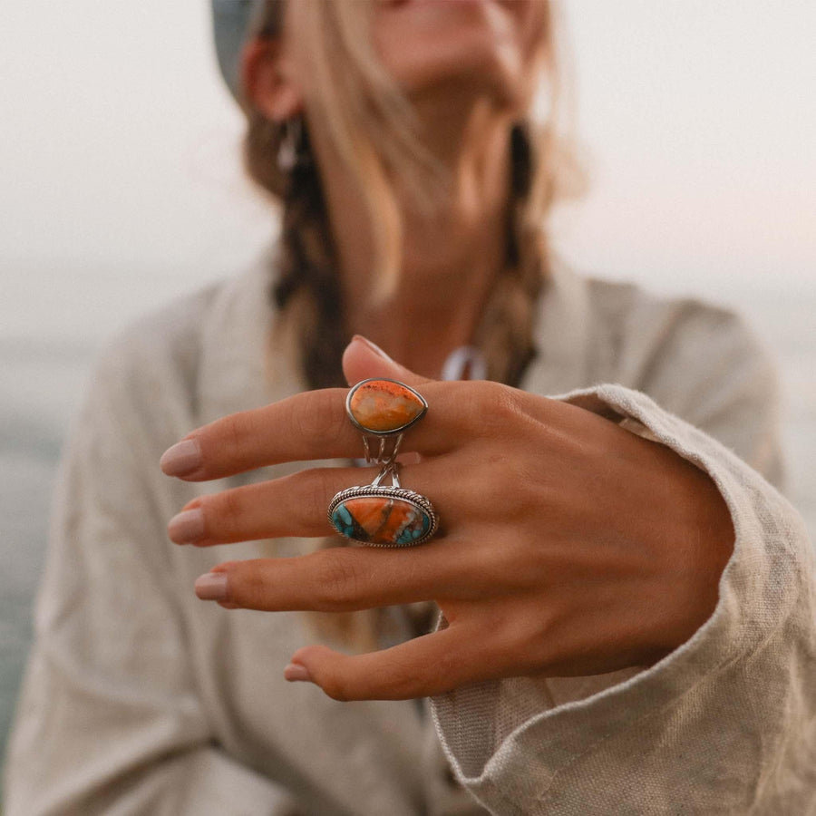 girl wearing Spiny Oyster Turquoise Ring - womens spiny oyster turquoise jewellery australia