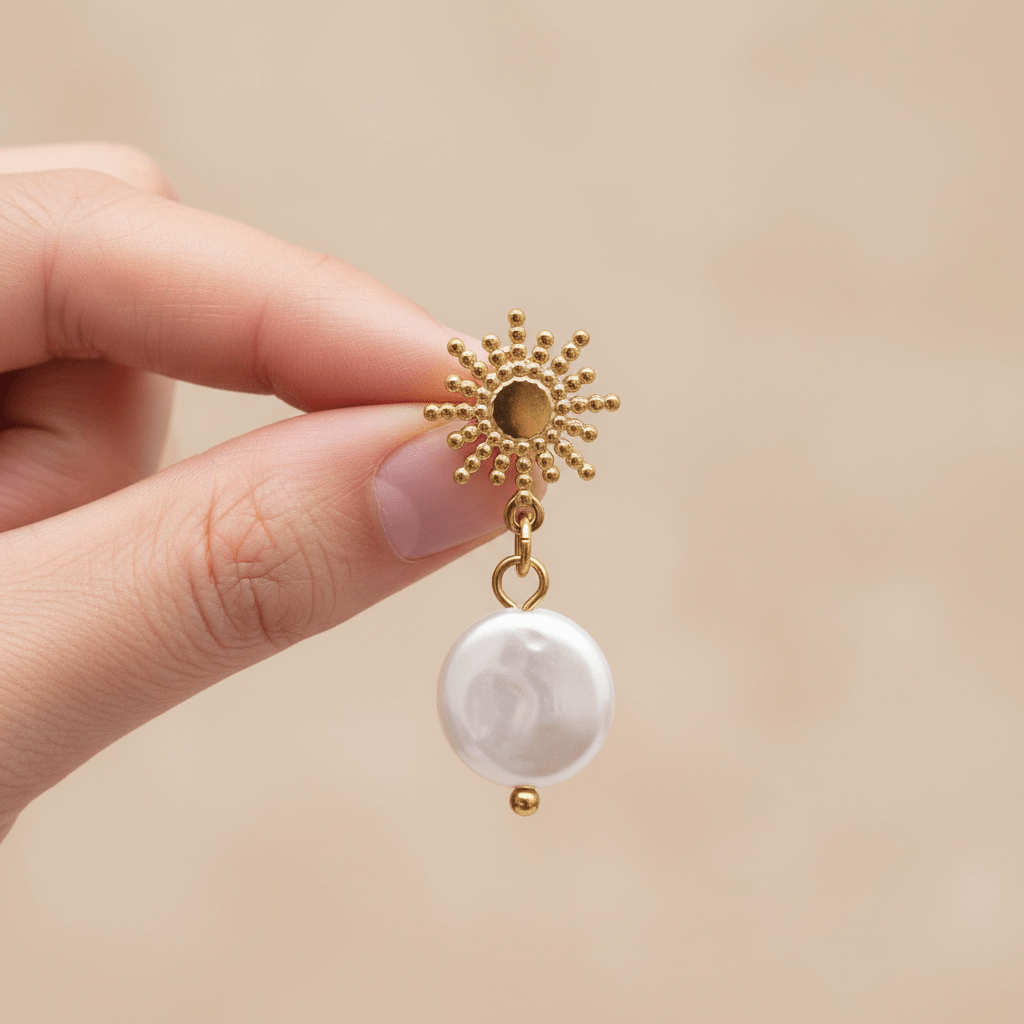 Gold sun-shaped earring with a pearl drop held by a hand against a beige background