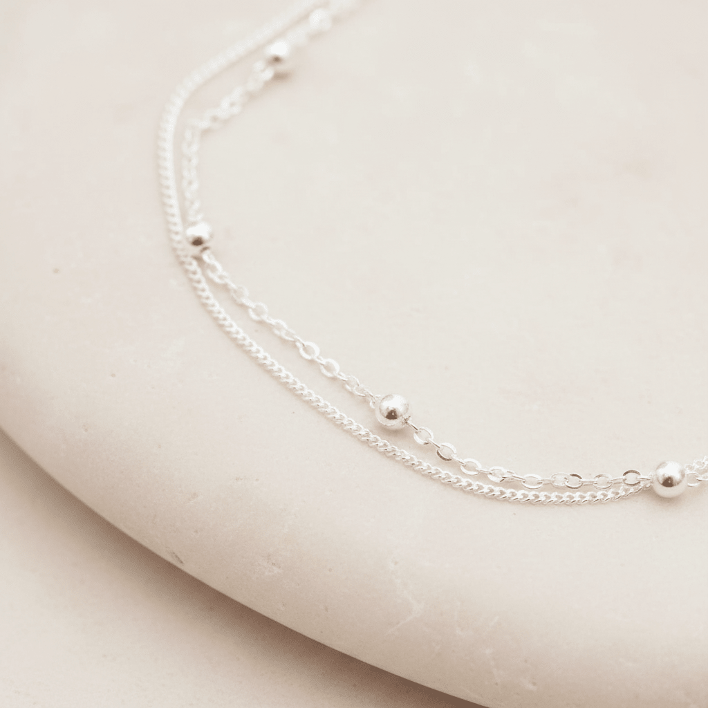 Sterling Silver Double Chain Beaded Anklet