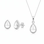 Sterling Silver April Birthstone Jewellery set featuring Clear Quartz Stud Earrings and matching Clear Quartz pendant necklace on a white background