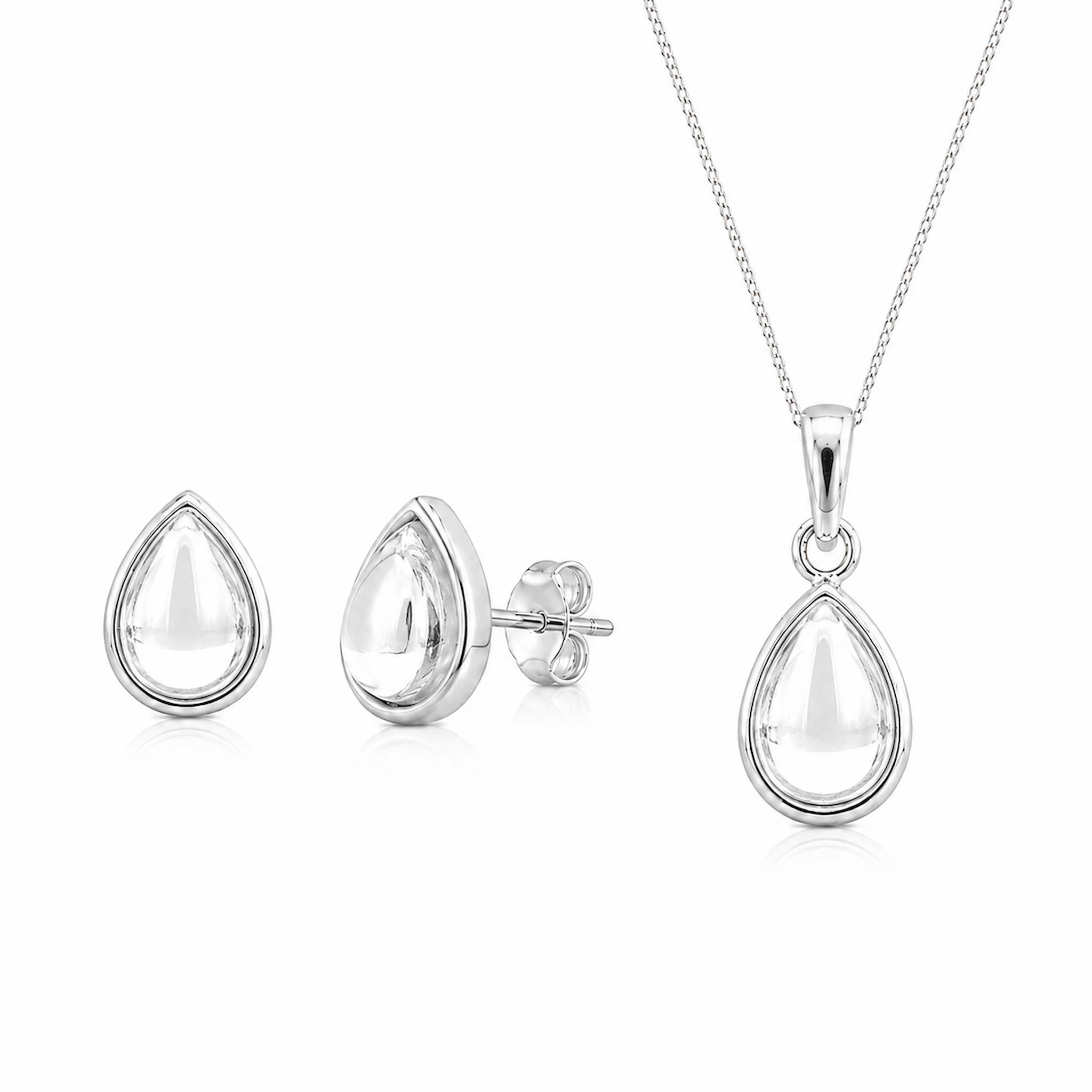Sterling Silver April Birthstone Jewellery set featuring Clear Quartz Stud Earrings and matching Clear Quartz pendant necklace on a white background