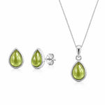 Sterling Silver August Birthstone Peridot Jewellery Set featuring natural peridot earrings and matching peridot necklace.