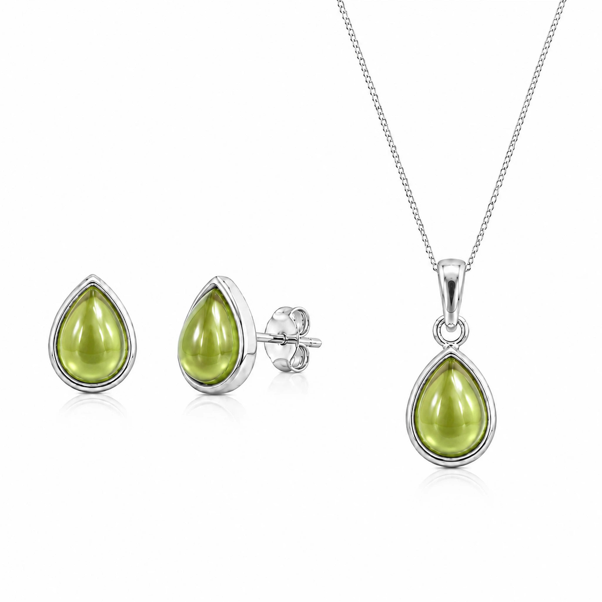 Sterling Silver August Birthstone Peridot Jewellery Set featuring natural peridot earrings and matching peridot necklace.