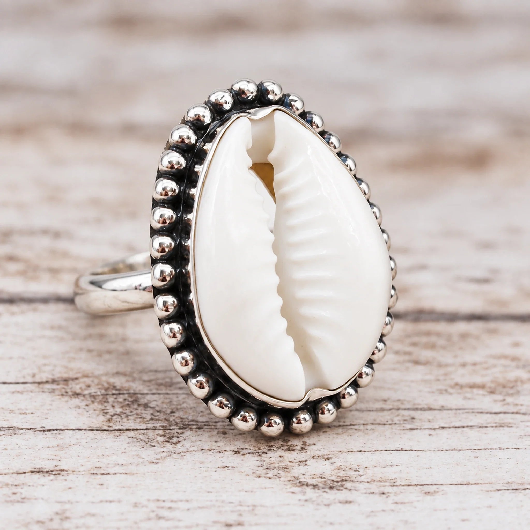 Sterling silver cowrie shell ring with a white shell on a wooden surface, close-up