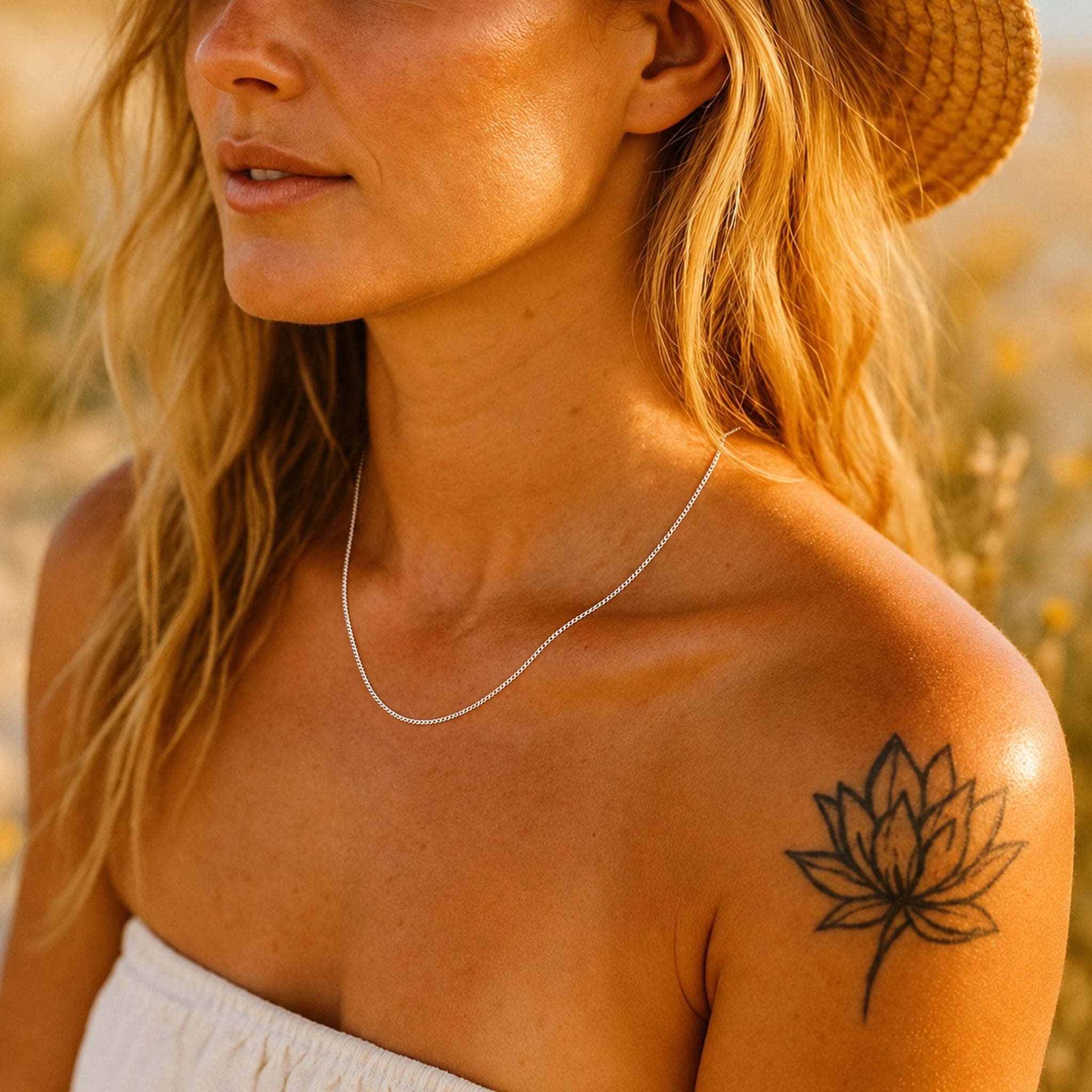 A close-up lifestyle shot of a woman wearing a delicate silver chain necklace. She has a black lotus tattoo on her upper arm and is wearing a straw hat and a white strapless top, set against a warm, blurred outdoor background.