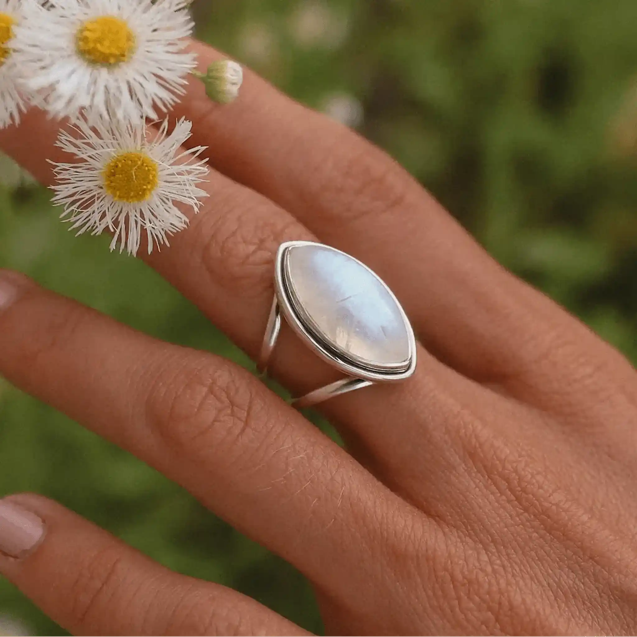 Statement Sterling Silver Moonstone Ring being worn