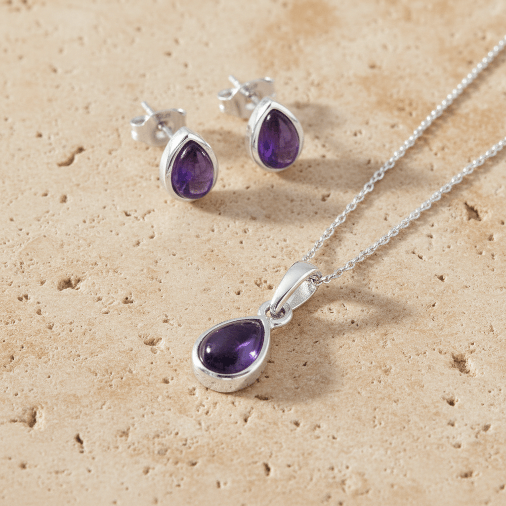 Silver jewelry set with purple amethyst gemstones on a beige surface