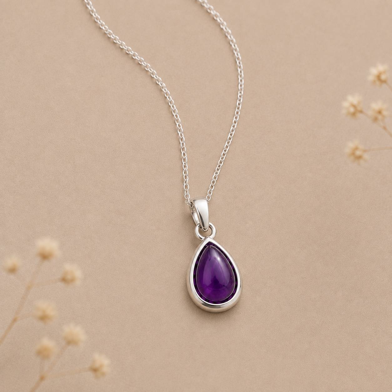Sterling Silver February Birthstone necklace with a pear-shaped purple natural amethyst gemstone pendant - Birthday Jewellery Gift