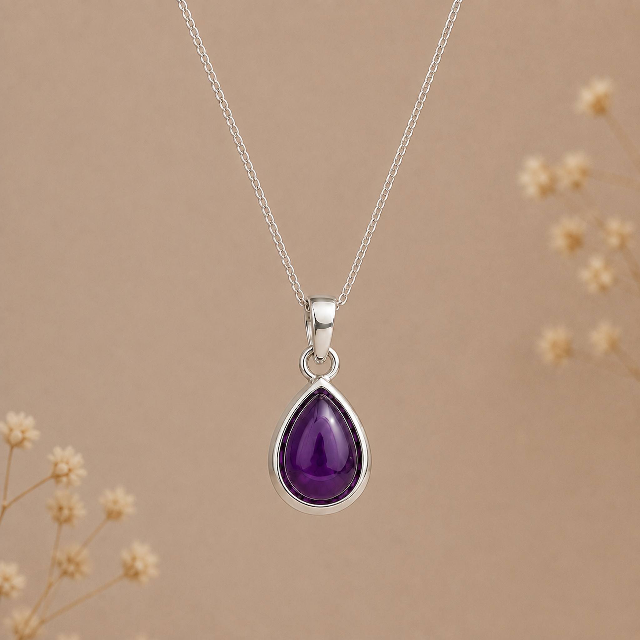 February Birthstone Amethyst Necklace with silver bezel setting and delicate chain