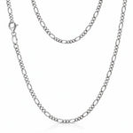 A silver Figaro chain necklace with a lobster clasp, displayed in a layered drape on a clean white background.