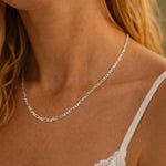 Silver chain necklace worn by a person with blurred background