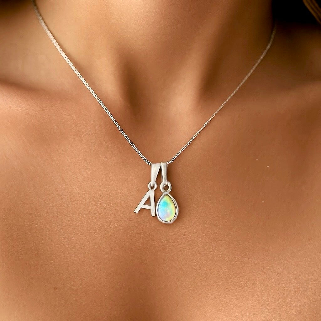 sterling silver initial and october birthstone opal necklace by indie and harper australia