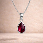 Sterling Silver January Birthstone Necklace with a teardrop-shaped natural garnet gemstone pendant - january birthday gift