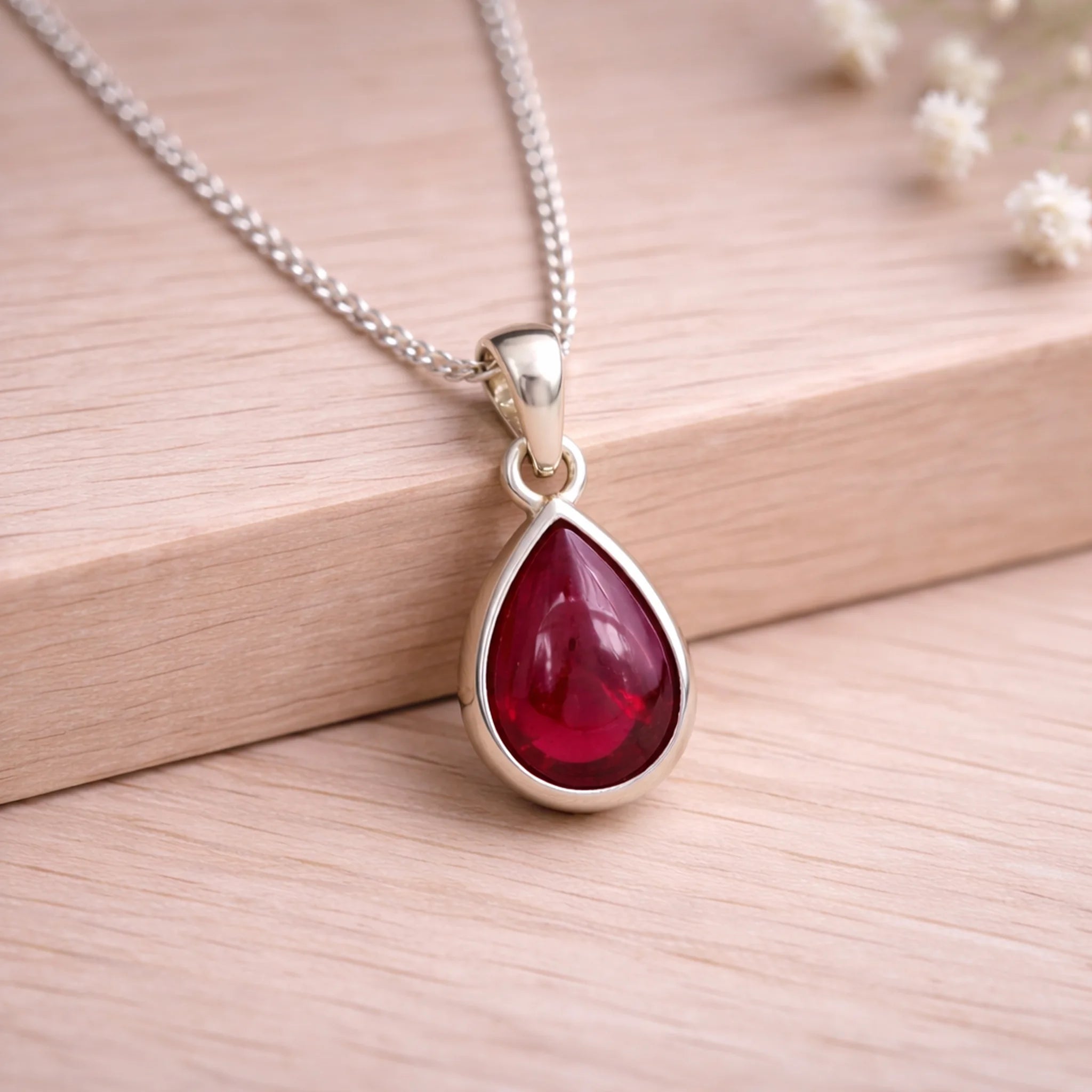 Sterling Silver necklace with a red natural ruby gemstone teardrop shaped pendant on a wooden surface
