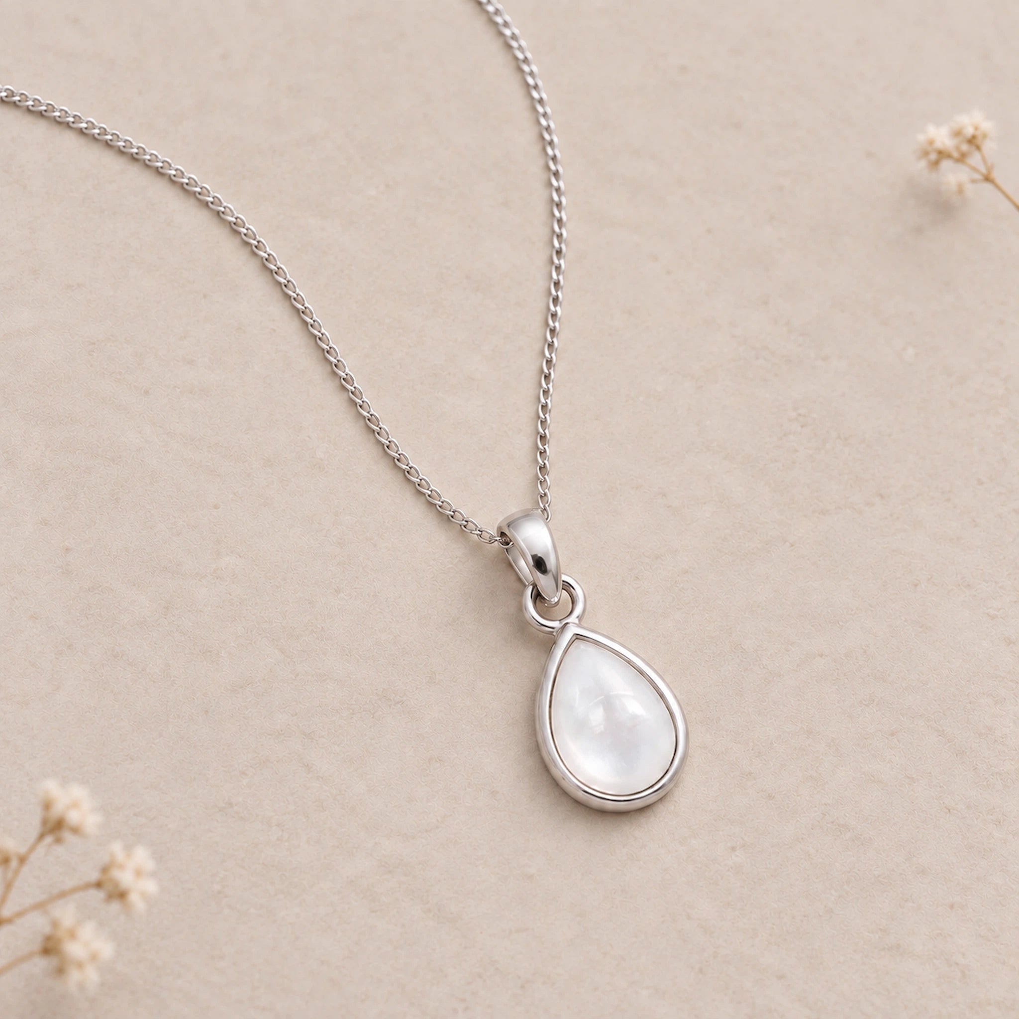 Sterling Silver June birthstone necklace with pear-shaped mother of pearl pendant - june birthday jewellery gift for her
