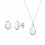 Sterling Silver June Birthstone Jewellery set featuring a teardrop pendant pearl necklace and matching stud pearl earrings with natural milky white teardrop pearls, on a white background
