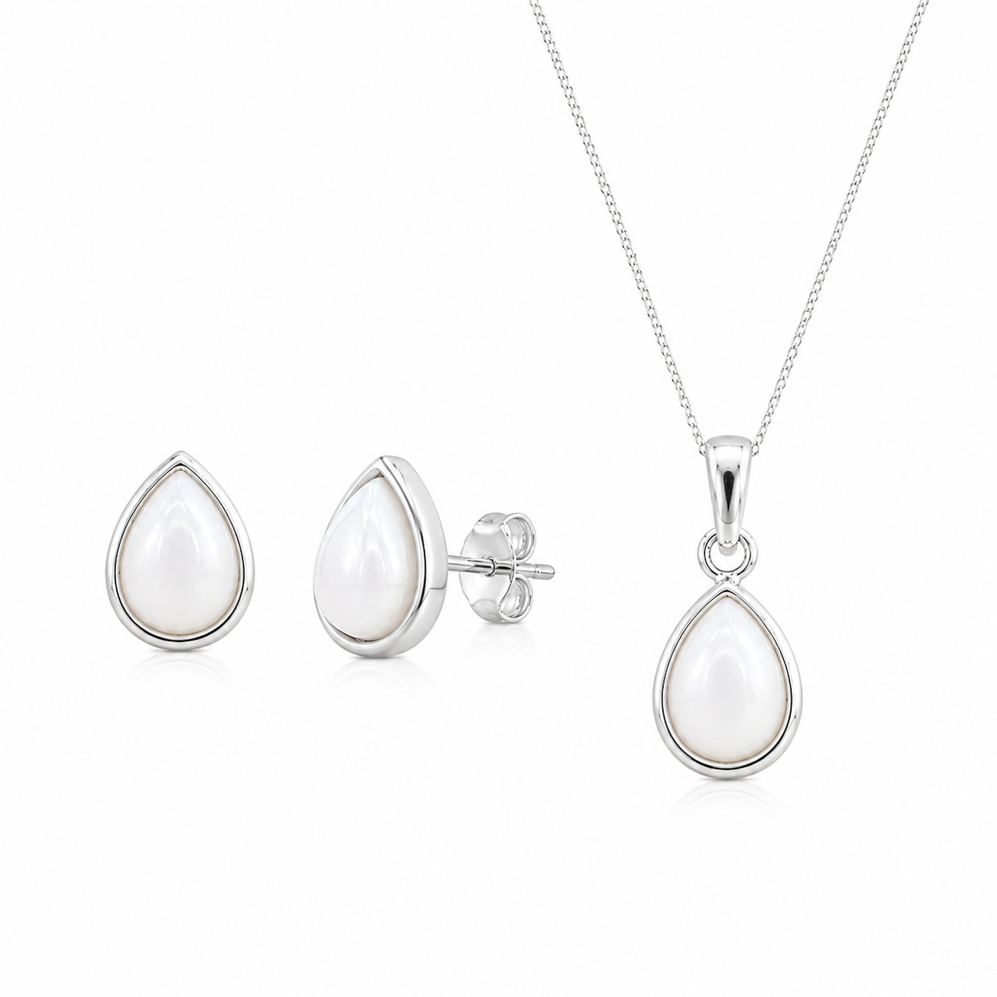 Sterling Silver June Birthstone Jewellery set featuring a teardrop pendant pearl necklace and matching stud pearl earrings with natural milky white teardrop pearls, on a white background