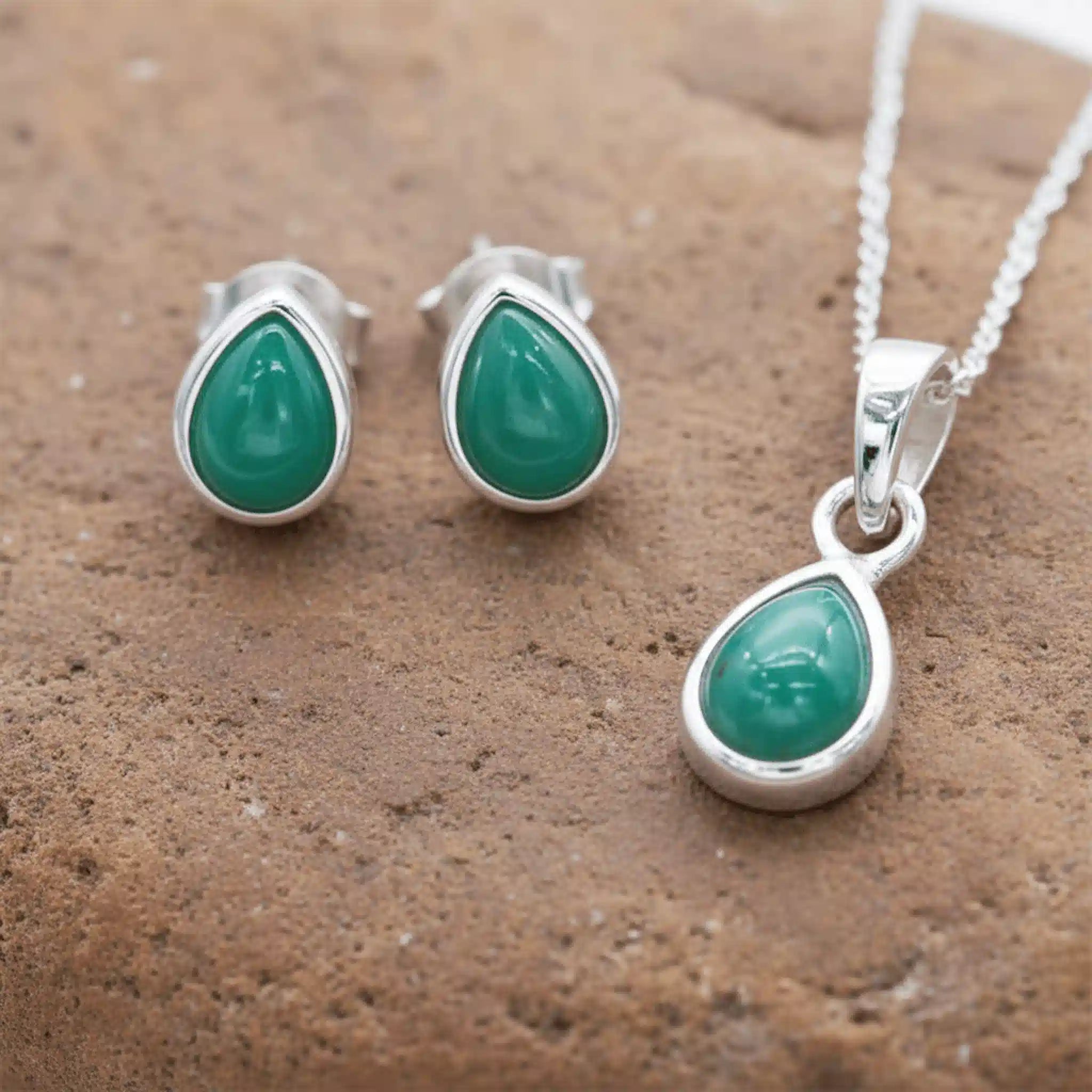sterling silver may birthstone jewellery gift set with natural emerald gemstone stud earrings and necklace 