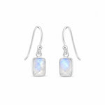 sterling silver natural moonstone drop earrings on classic french hooks - moonstones are faceted, rectangle and bezel set - white background