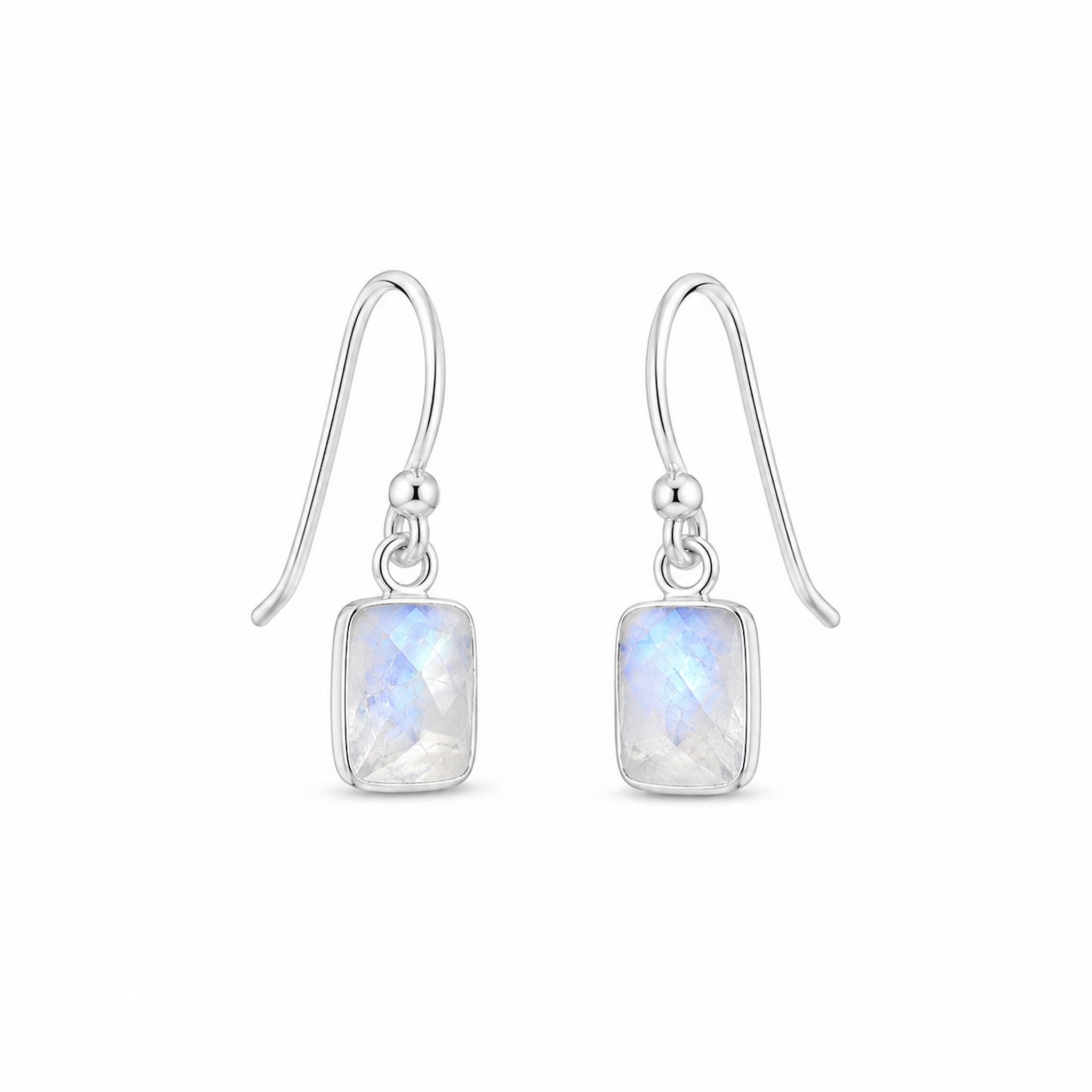 sterling silver natural moonstone drop earrings on classic french hooks - moonstones are faceted, rectangle and bezel set - white background
