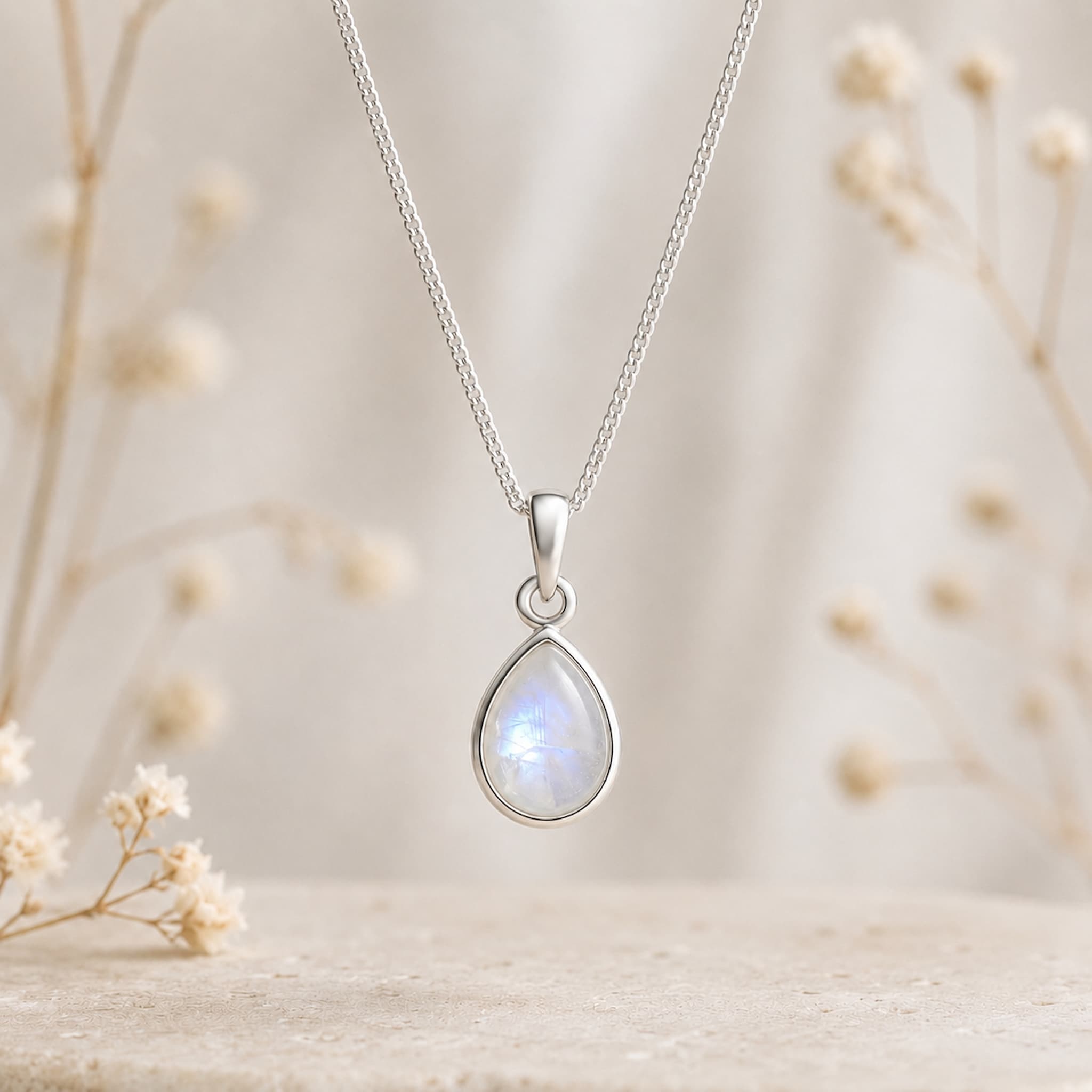 sterling silver moonstone necklace featuring a natural moonstone cabochon, bezel-set and pear-shaped pendant on a fine curb chain