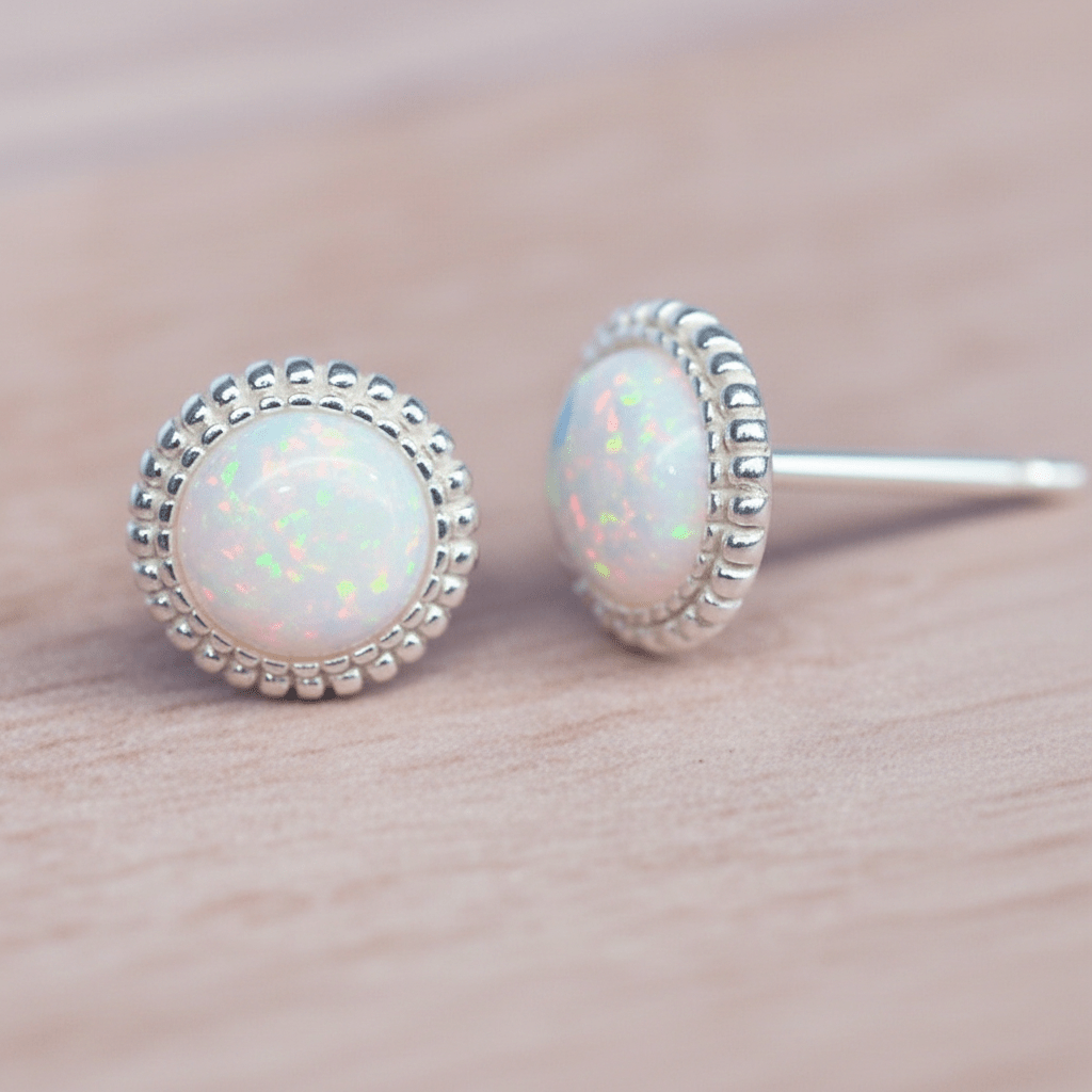 Pair of silver opal stud earrings on a wooden surface
