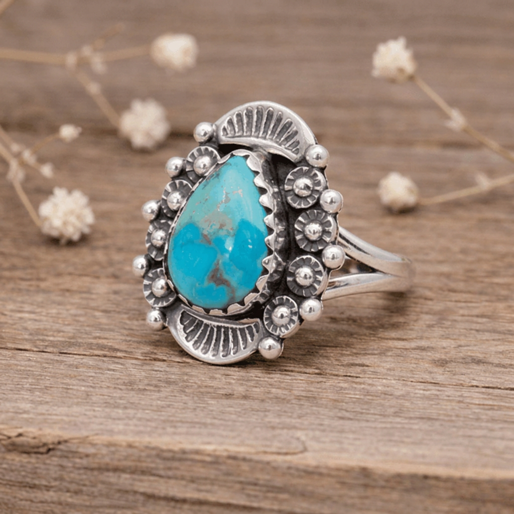Ornate sterling silver turquoise ring on wood with white dried flowers behind