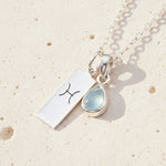 Silver Pisces pendant and march Birthstone aquamarine pendant on a Sterling Silver Necklace
